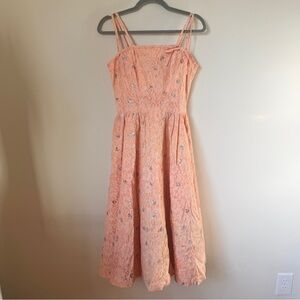 Vintage 50s 60s Pastel Pink Lace Midi Cocktail Party Dress with Metallic Accents